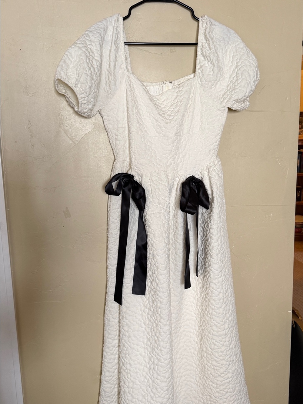bohme White Textured Maxi Dress with Black Ribbon Accents